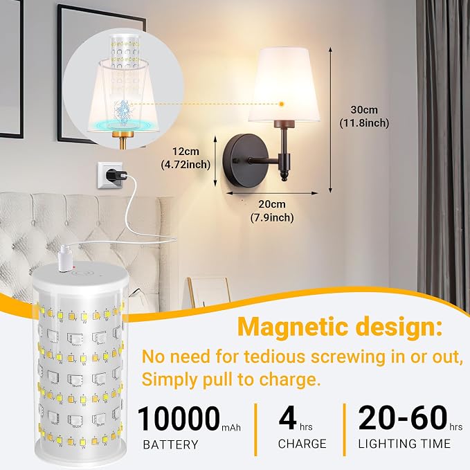 Vimhou Peel and Stick Wall Sconces, Stick On Wall Sconce Set of 2, Battery Operated Wireless Wall Light, No Drill Adhesive Wall Lamp, Corn Bulb with 10000mAh Rechargeable Battery, Bedroom Wall Decor