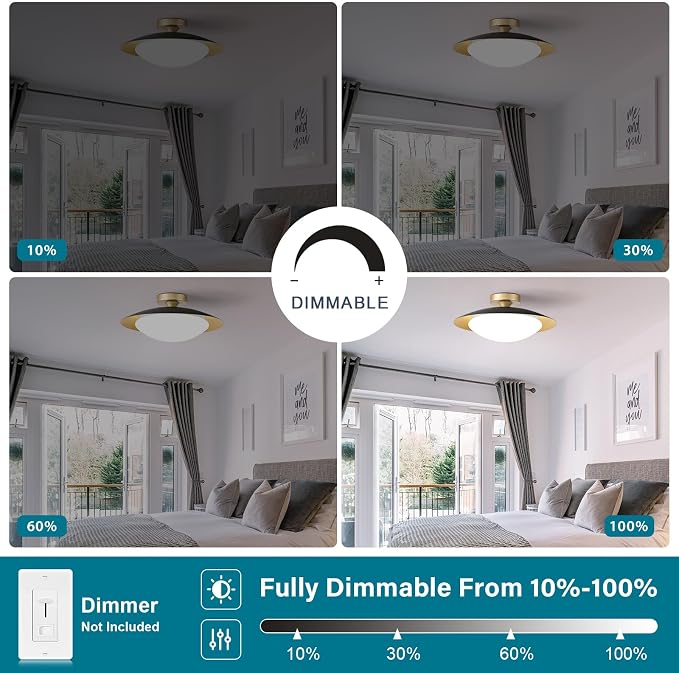 YURNYQ Dimmable Modern LED Black and Gold Ceiling Light Fixture 15.75 in | Glass Shade Kitchen Semi Flush Mount Ceiling Light Fixture,5CCT In One Light Fxiture for Hallway Bedroom Laundry Room Foyer
