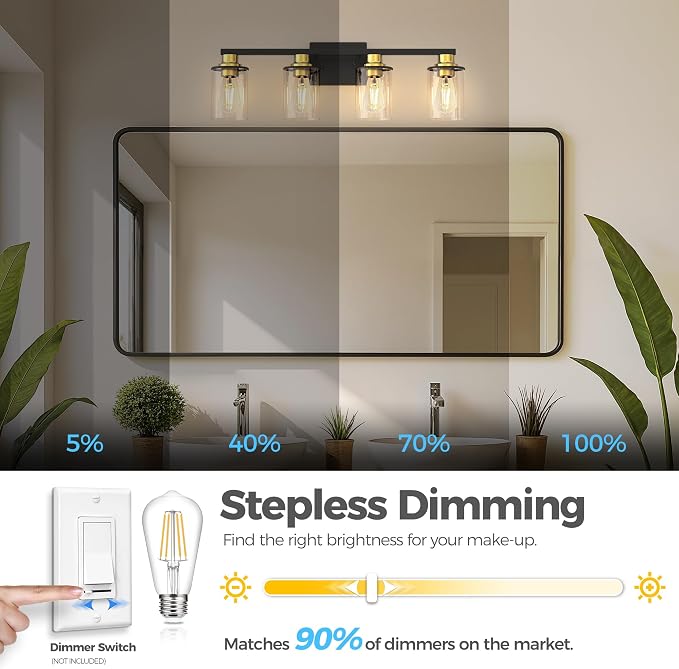 4-Light Black and Gold Bathroom Light Fixture with 4 Bulbs | Modern Vanity Mirror Light, Black Gold Vanity Light Fixture With Glass Shade and Bulbs, Wall Sconce for Bedroom Hallway