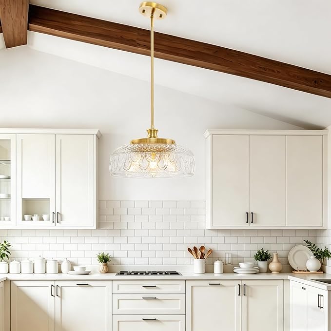 Lamomo 3-Light Adjustable Pendant Lights Kitchen Island, 12in Brushed Gold | Modern Clear Glass Ceiling Mount Hanging Lighting Fixture, Vintage Brass Drop Lights for Bathroom Hallway Bedroom Dining Room