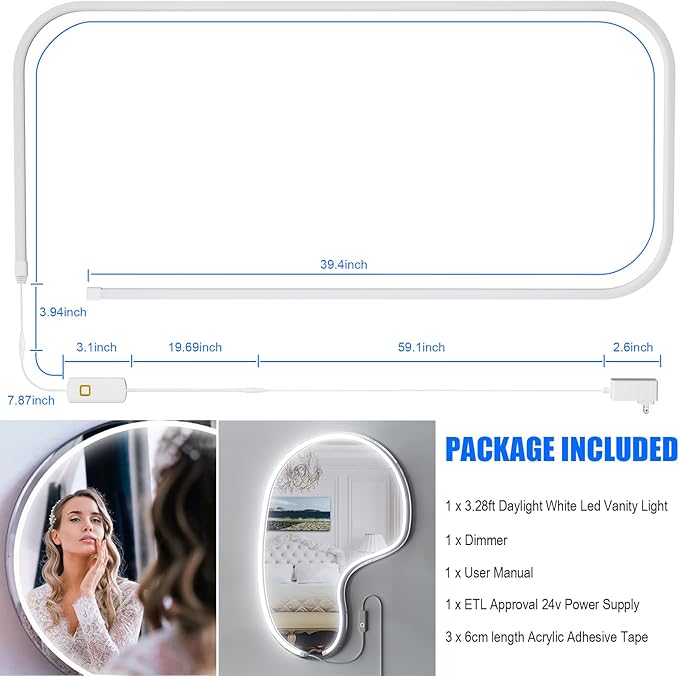 MY BEAUTY LIGHT LED Vanity Lights Strip for Mirror, 6000K Bright Daylight White Vanity Mirror Lights, 3.28FT Dimmable Makeup Light, ELT Approval 24V Stick on Lights for Mirror