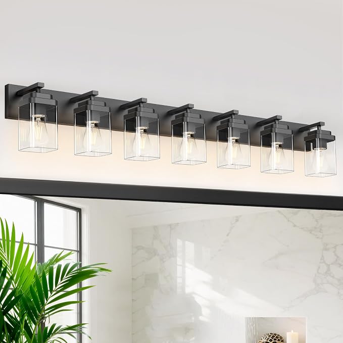 Black Bathroom Light Fixtures, 7 Lights Bathroom Lighting Fixtures Over Mirror, Square Design & Rectangle Large Backplate, Modern Vanity Lighting Fixtures, for Bathroom/Living Room/Bedroom