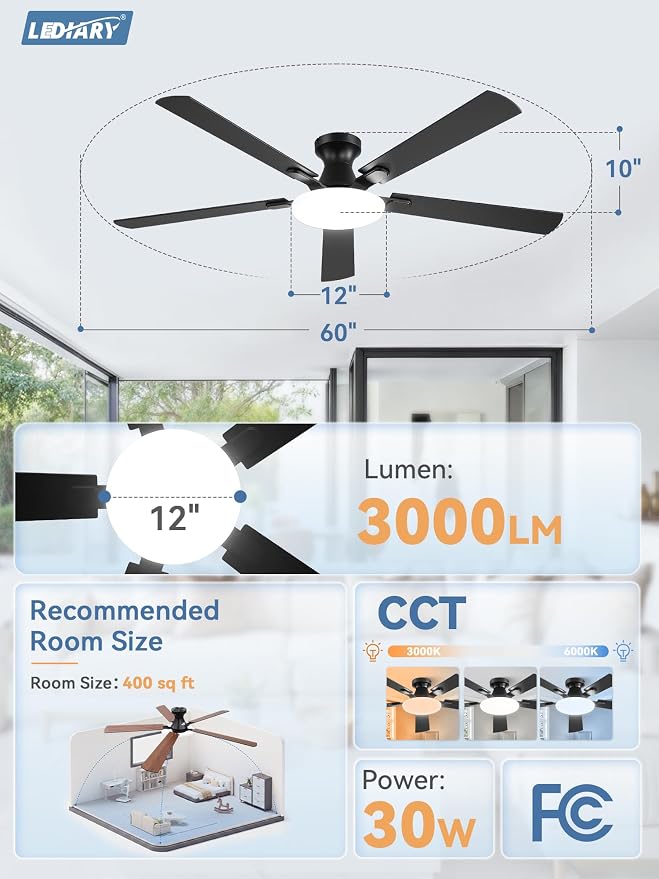 LEDIARY 60 Inch Flush Mount Ceiling Fans with Lights, Remote & APP Control | 3CCT,Stepless Dimmable,Memory Function,Timer,6-speed,Reversible Blade, Quiet DC Motor, Damp-Rated, Living Room, Covered Patio