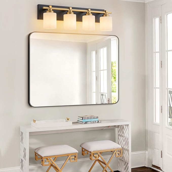 Modern Bathroom Light Fixtures Over Mirror, Vanity Lights for Bathroom Wall Sconces with Milky White Glass Shades, E26 Socket (Bulbs Not Included), 4 Light, Black Gold