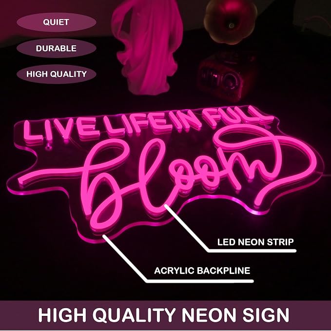 Live Life In Full Bloom Neon Sign, LED Neon Light Wall Decor for Wedding, Bridal Shower, Party & Photoshoot, Light Up Sign for Home, USB Dimmable