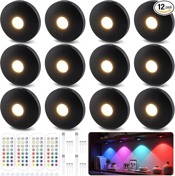 Rechargeable Magnetic Puck Lights, RGB Under Cabinet Lighting with Remote & Touch Control, Dimmable/3 Color Temps/Timing, Wireless Stick-On Lights for Kitchen Shelf Pantry