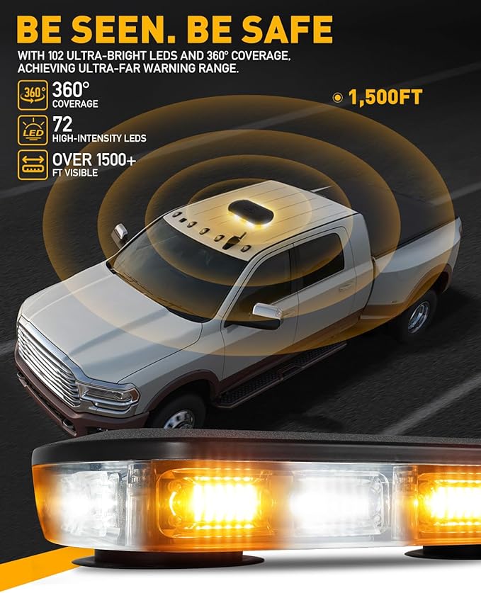 HLauto 700A Rooftop Emergency Strobe Lights Bar, 72 LED Amber White Mini Beacon Safety Flashing Warning Traffic Lights Bar w/Magnetic Base for 12-24V Trucks, Construction Vehicles, Snowplow, Cars