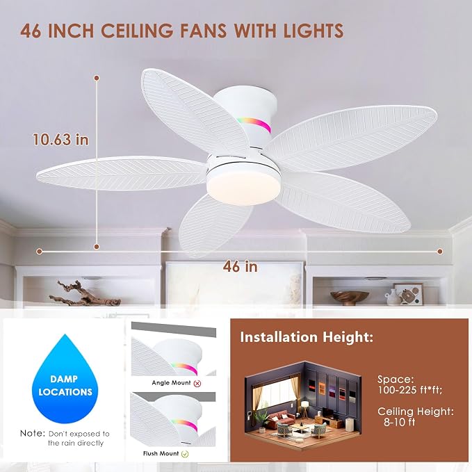 Tropical Palm Leaf RGB Ceiling Fans with Lights 46”, White Flush Mount Ceiling Fan with Light and Remote, 3CCT Dimmable LED&&Side RGB Light, Reversible 6 Speeds, Quite Low Profile Ceiling Fan Party