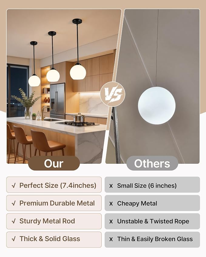 Majade 7.4" Globe Pendant Lights Mid Century Modern Kitchen Island Pendant Light Fixtures 2 Pack Black Brass Pendant Lighting with Milk Glass Adjustable Hanging Light Fixtures for Dining Room
