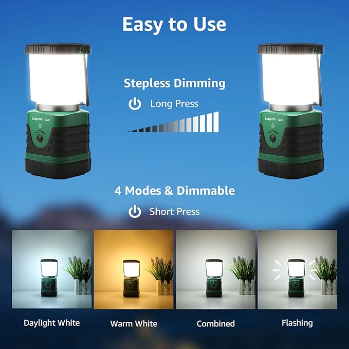 Lepro 1000LM LED Camping Lantern Rechargeable, 4400mAh Green Tent Light with 4 Light Modes, Waterproof Lantern Flashlight for Hurricane Emergency, Camping Essentials, USB Cable Included | Camping Essentials, Waterproof Lantern Flashlight for Camping, E...