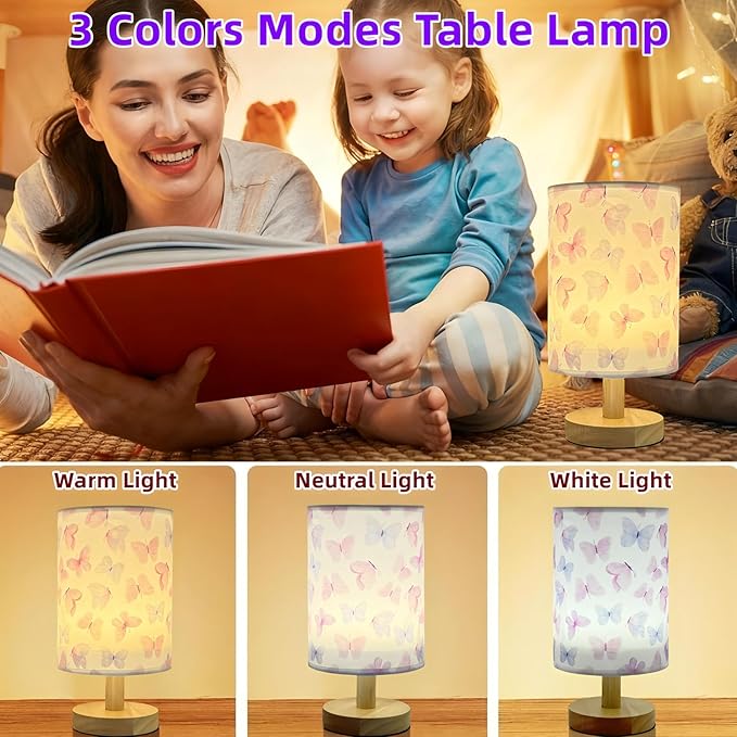 Butterfly Kids Table Lamp for Bedroom Kids Bedside Lamps 3 Colors Dimmable Nightstand Night Light with Cartoon Flaxen Fabric Shade Desk Lamp for Girls Boys Room Nursery Decor,Butterfly Gifts for Girls