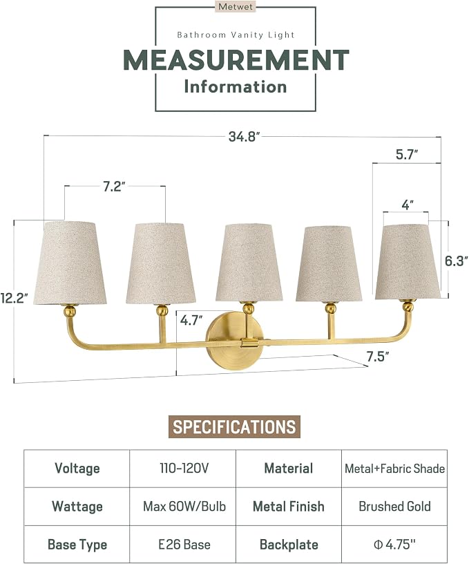 5-Light Brushed Gold Bathroom Vanity Light, Brown Linen Fabric Shade | 35 Inch gold bathroom light fixture over mirror, UL listed, E26 bulbs, hardwired, upward only, VL837-BG-L-5