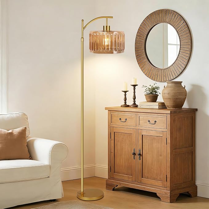 ILLMTW Glass Floor Lamp for Living Room,Bedroom,Gold Mid Century Modern Standing Lamp with Remote,Dimmable Brass Tall Lamp Amber Flower Lamp Vintage Floor Lamps Arc Floor Light Boho Bohemian