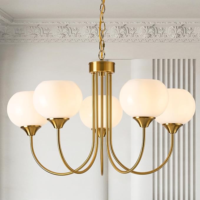 Modern Globe Chandelier 5 Light Mid Century White Milk Glass Vintage Sputnik Hanging Chandeliers Gold Pendant Light Fixtures for Dining Room Kitchen Living Room Bedroom