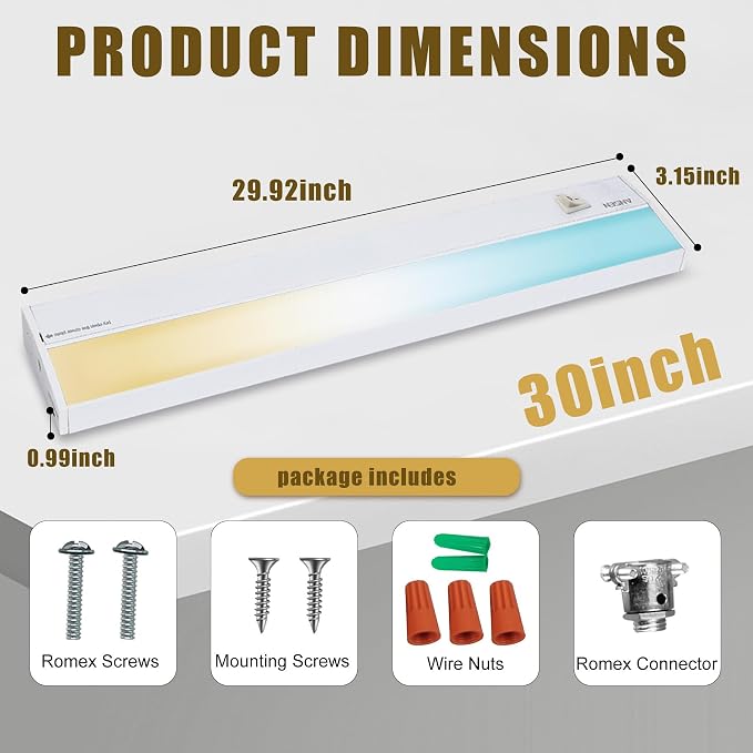 Hardwired Under Cabinet Lighting, 30in 20W LED Light for Kitchen/Closet, 1150lm, CRI>92, R9>90, 5 Color Temperature, Dimmable, 2700K-5000K(Warm White, Cool White, Daylight)