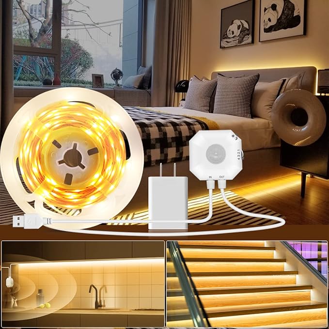 Daymeet Motion Sensor LED Strip Lights, 9.8ft Under Bed Lights Motion Activated LED Bedside Lamp Illumination with Automatic Shut Off Timer Indoor Night Light Closet Lights (Warm White) NO APP