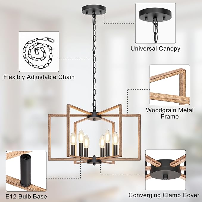 6 Light Rustic Chandelier, Dining Room Light Fixture, Brushed Rustic Wood | Metal Geometric Pendant Light with E12 base, Farmhouse Ceiling Hanging Light Fixture for Dining Room Kitchen Island Entryway