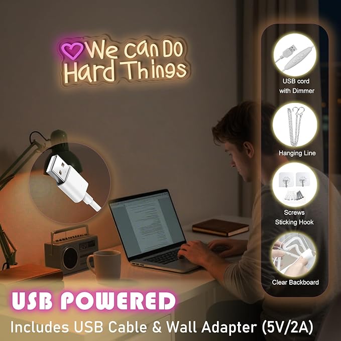 We Can Do Hard Things neon sign, suitable for classroom wall decoration, back-to-school season, graduation season, student gifts. Dimmable, USB powered, pink heart-shaped inspirational neon light.