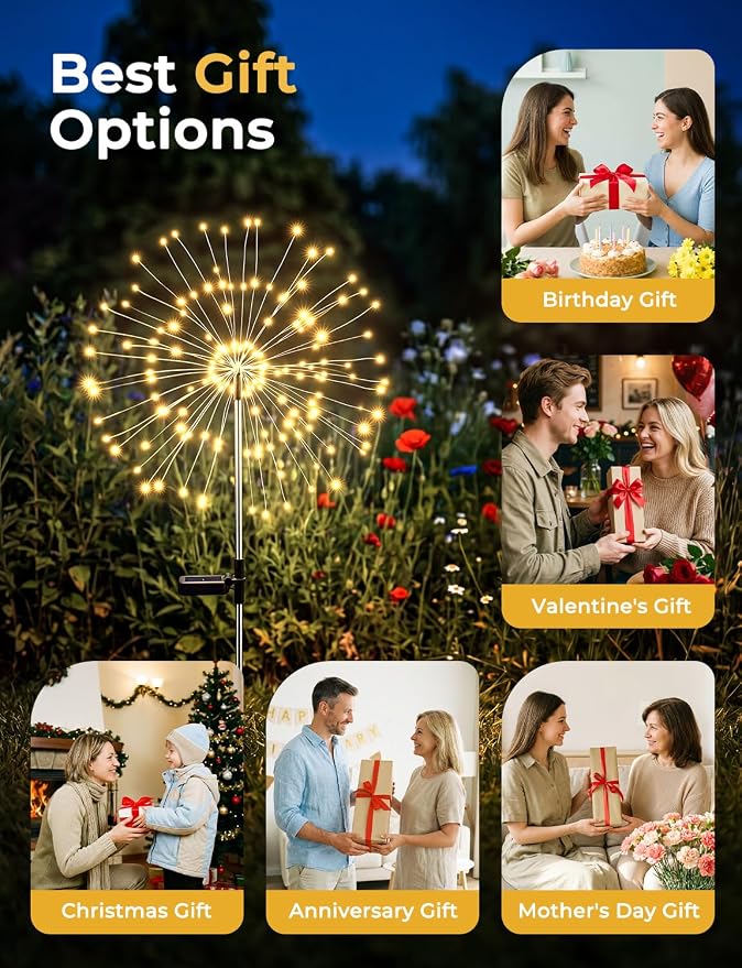 Brightown 4 Pack Garden Decor Solar Lights Outdoor Decorative,150LED Firework Lights for Outside,8 Modes Solar Powered Stake Fairy Light for Yard Pathway Flowerbed Patio Christmas Decor,Warm White | 150 LED, 8 Modes, Solar Powered Firework Lights for O...