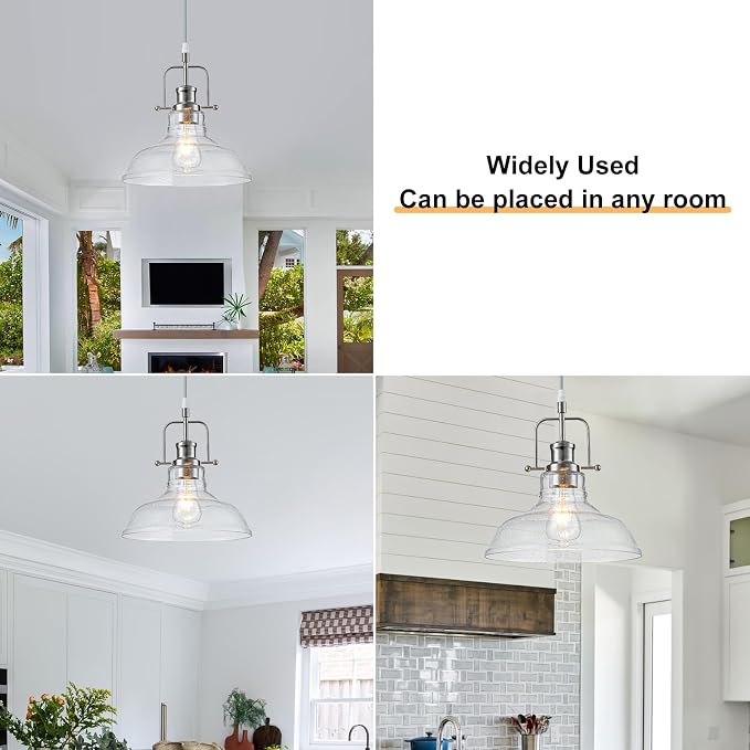WILON Seeded Glass Modern Pendant Light for Kitchen, Brushed Nickel | 11'' Seeded Glass Shade, Adjustable Height, E26 Ceramic Socket, 60W MAX, Modern Style for Dining Room Kitchen Over Sink