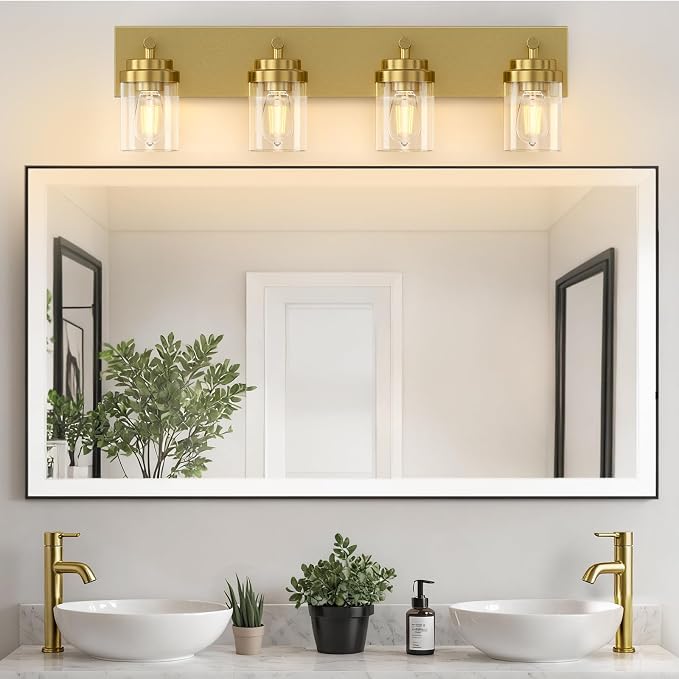 IZORRO Bathroom Vanity Light Fixture, 4-Light 30 Inch Gold Bathroom Light Fixtures Over Mirror, with Clear Glass Shade, Modern Farmhouse Vanity Lights, Rustic Restroom Lighting Fixtures