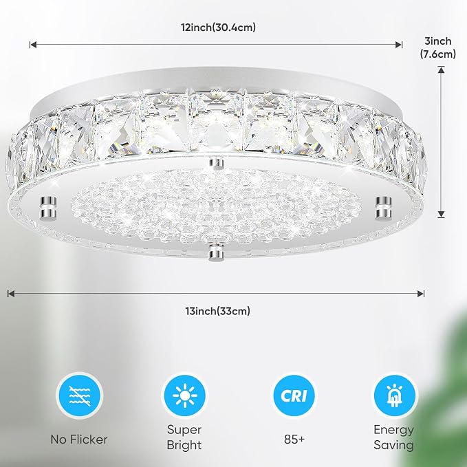 Crystal Flush Mount Chandeliers, LED Ceiling Light Fixture 13-Inch, 5000K Daylight White Super Bright 3300LM Dimmable Farmhouse Kitchen Light Modern Ceiling Lamp for Bedroom Bathroom Nursery