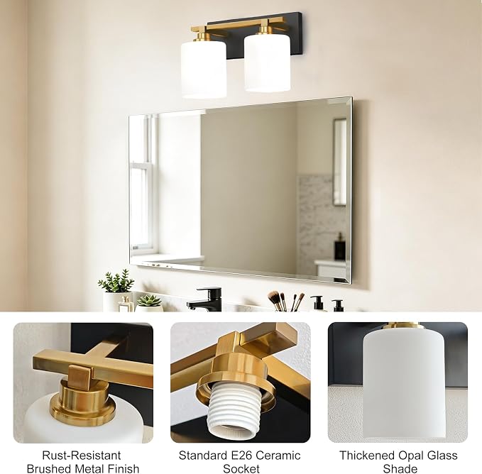 Black and Gold Bathroom Light Fixture, Modern 2 Light Vanity Lights for Bathroom Lighting Fixtures Over Mirror, White Glass Lampshade, Master & Guest bathrooms Bathroom Remodel, 14-inch