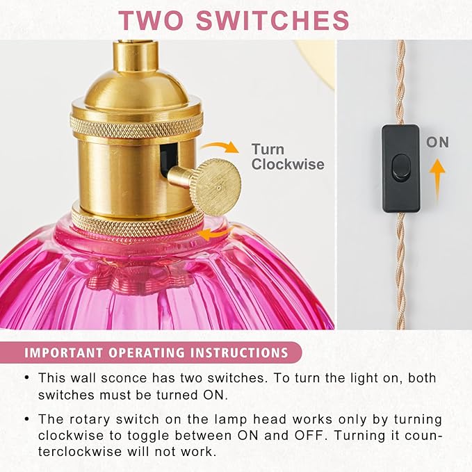 Plug in Wall Sconce, Vintage Sconce Light with Tulip Ruby Red Glass Lampshade, Bedside Wall Sconce with Switch and Plug in Wall Lamp Cord, Gold Wall Light for Bedroom