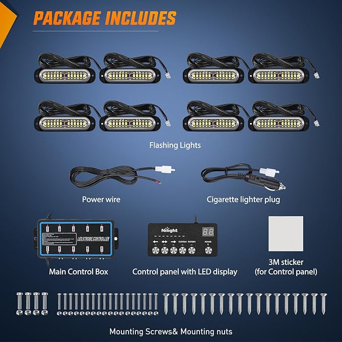 Nilight 8PCS Led Strobe Lights with Controller 12V 24V Sync Feature White Strobe Light 12 LED Surface Mount Emergency Hazard Warning Lights with Strobe Controller for Vehicle Car Truck RV ATV