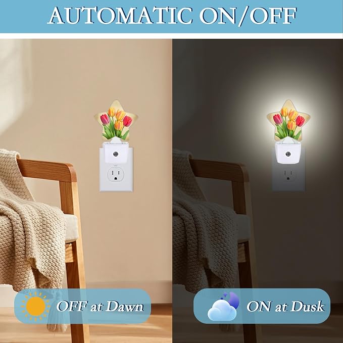 Vintage Tulips Night Light,Plug Into Wall Decor Nightlights for Bedroom,Bathroom,Hallway,Stairway,Kitchen,with Dusk to Dawn Light Auto Sensors Led Night Lights Room Gifts