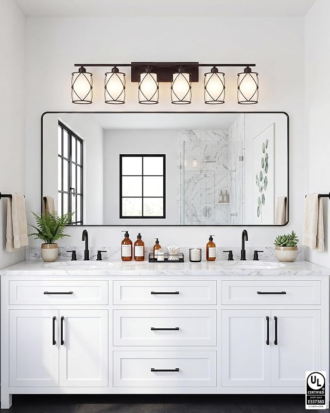 6-Light Oil Rubbed Bronze Bathroom Light Fixtures with Milk Frosted Glass, 42" Modern Bathroom Vanity Lighting Fixtures Over Mirror with Metal Cage, Wall Sconce Lights for Bath, CH9176ORBW-6W