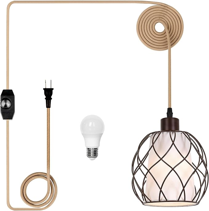 Plug in Pendant Light Metal Hanging Lights with Plug in Cord Hanging Lamp Mid Century Modern Vintage Dimmable Plug in Chandelier Ceiling Fixture for Living Room,Bedroom,Brown