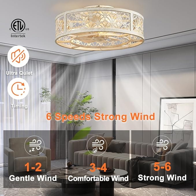 SHLUCE 18" Caged Ceiling Fan with Light, Small Flush Mount Fandelier Ceiling Fans with Lights and Remote, Rustic Low Profile Bladeless Ceiling Fan with Light for Bedroom, Kitchen, White Gold - ETL