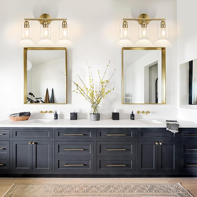 3-Light Bathroom Gold Vanity Light Fixtures,17.3'' | Clear Glass Shade,Modern Wall Lamp for Mirror