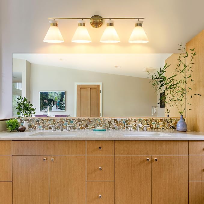 WOSHITU Bathroom Vanity Light Fixtures: 4 Bulb Mid Century Modern Vanity Lights for Bathroom, Brass Gold Wall Sconce Lighting with Frosted Milky Glass for Over Mirror Bath