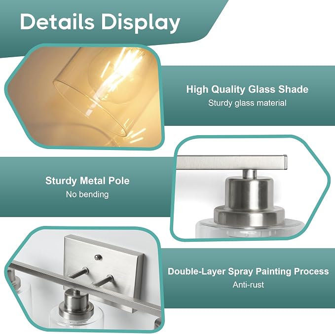 Ascher Bathroom Light Fixtures, 3-Light Vanity Light Over Mirror, Brushed Nickel Wall Sconces with Clear Glass Shades, Wall Lamp for Living Room Bedroom, E26 Base(Bulbs Not Included)