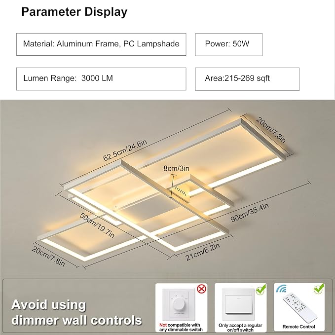 GEADI 35.4" Modern LED Flush Mount Ceiling Light, White | 50W Rectangle Ceiling Light Fixture with Remote Control, 3000K-6500K Adjustable for Kitchen, Bedroom & Living Room