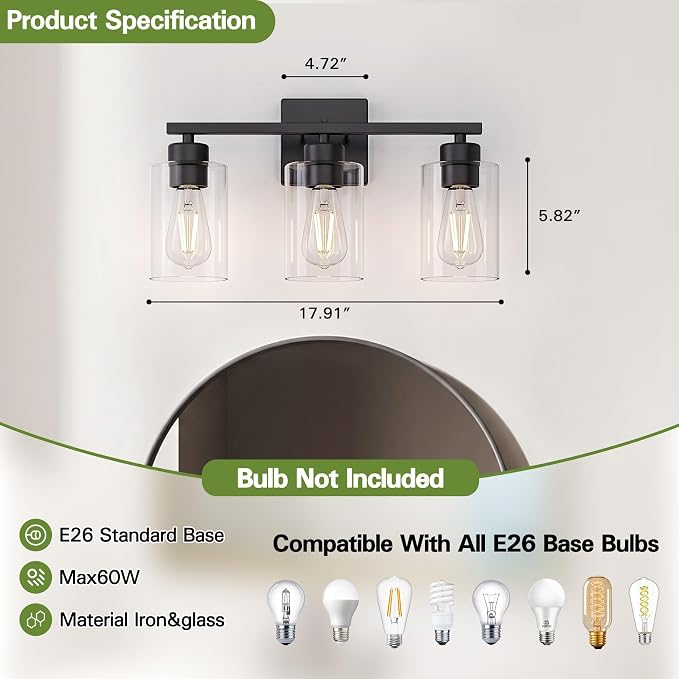 Matte Black Bathroom Vanity Light, 3-Light Vanity Lighting fixtures Over Mirror, Round Design & UL Certification, Wall Sconces with Clear Glass Shades, E26 Socket (Bulbs Not Included)