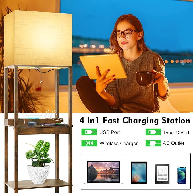 Floor Lamp with Shelves, Plus Shelf Lamp with Wireless Charger, 2 USB Port and Outlet, 1 Drawer, 15W LED Bulb, 3 Colors, Memory Function, Floor Lamps for Living Room, Standing Lamp for Bedroom