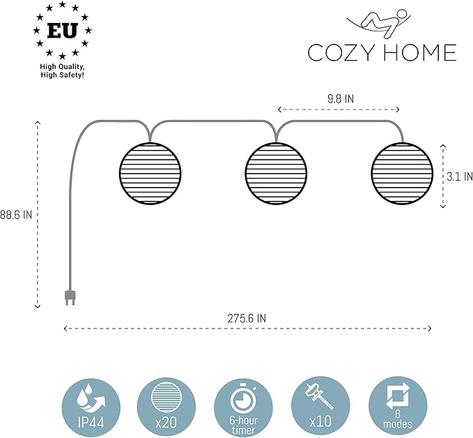 Cobus CozyHome Lantern String Lights Outdoor - 20 Lantern LEDs & 23 ft with 8 Modes | Warm White Outdoor Lampion String Lights Electric Lighting 23 ft