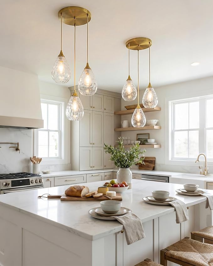 Brushed Gold 3-Light Pendant Lighting, Modern Dining Room Light Fixture Over Table with Hammered Glass, Cluster Hanging Lights for Kitchen Island Dining Room