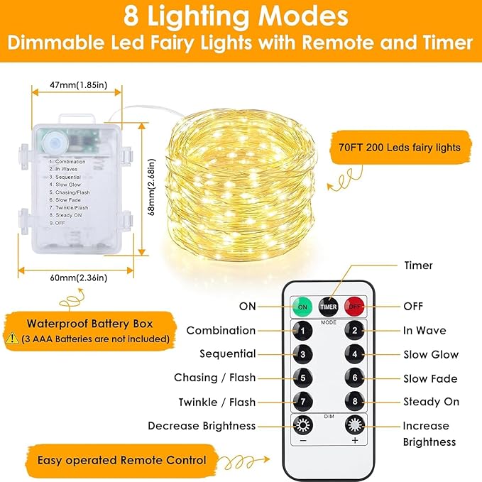 70Ft 200 LED Fairy Lights Battery Operated with Remote & Timer, Silver Wire Twinkle Lights Outdoor Indoor, Waterproof Fairy String Lights for DIY Bedroom Christmas Parties Tree Garden Decor