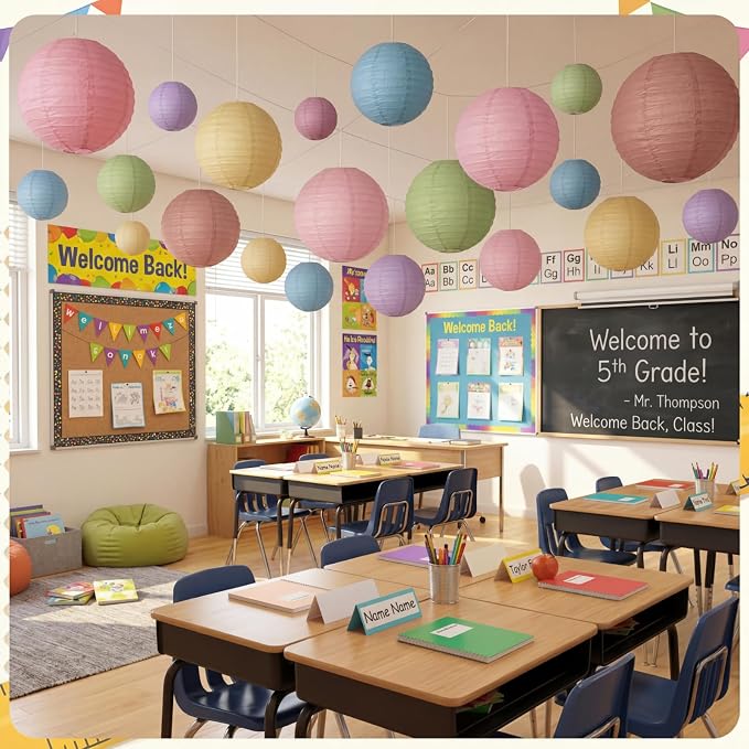 Glooglitter Neutral 16 Pack Paper Lanterns Hanging Decorations 4” 6” 8” 10” Round Chinese Lantern for Classroom Back to School Party Indoor Outdoor Wedding Shower Nursery Ceiling Hanging Decor