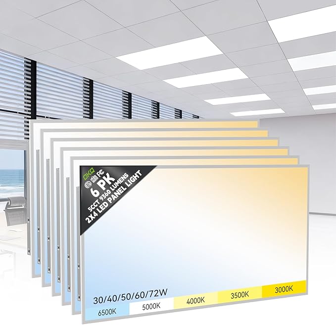 OKQ 2x4 LED Flat Panel Light Drop Ceiling Office Shop Commercial Warehouse Fixture, 5 CCT 3000K-6500K Adjustable & 5 Wattage Selectable,6000Lm 0-10V Dimmable, ETL Listed (6Pack)