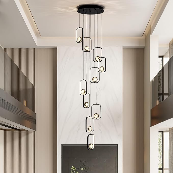10-Light Modern LED Crystal Chandelier 10 Lights Black High Ceiling Chandelier for Staircase Large Adjustable Length Light Fixture for Foyer, Entryway, Living Room