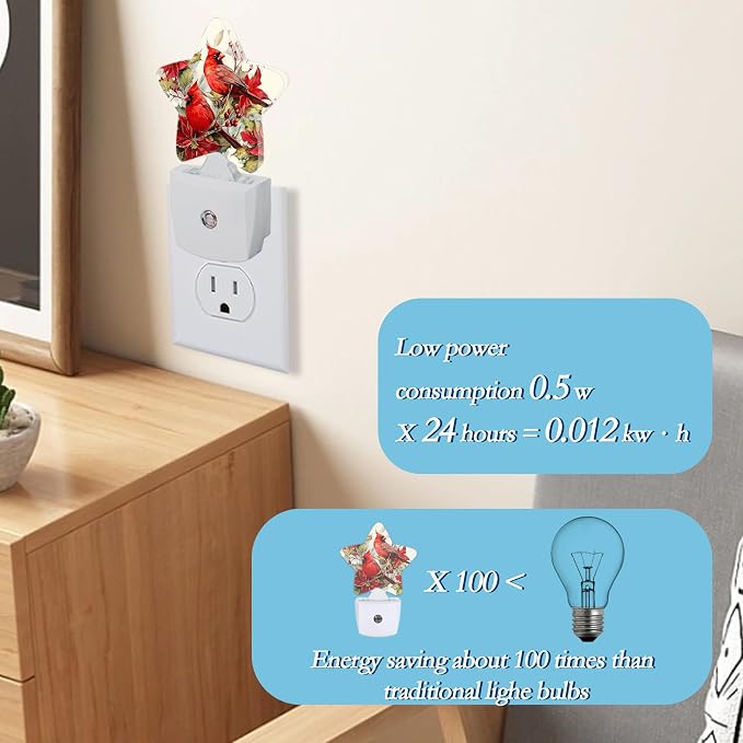Red Cardinal Bird Flowers Plug-in Night Light with Dusk-to-Dawn Sensor for Bathroom,Bedroom and Hallway Sleep Friendly Lamp for Women/Girls/Boys Gift,0.5w