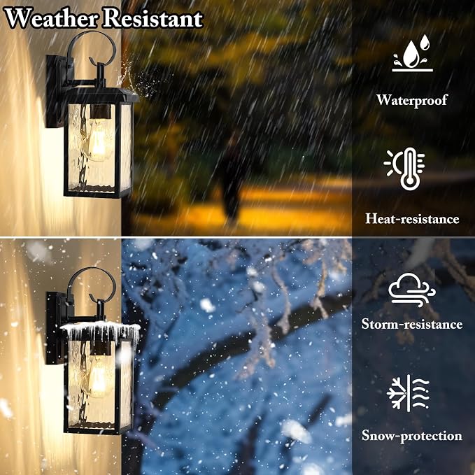 2-Pack Outdoor Wall Light Fixtures with Water Ripple Glass, Black | Waterproof, Rust-Resistant, Durable Metal, Standard E26 Socket, Easy to Install