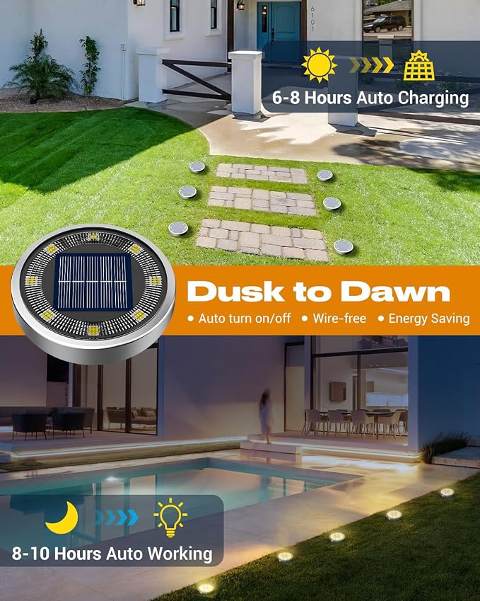 btfarm 2 Pack Solar Lights Outdoor Waterproof, 8 LED Solar Ground Lights | Stainless Steel, Easy-to-Install Flat Solar Disc Lights, Pathway Lights for Garden Lawn Patio Yard Path Landscape, Warm White