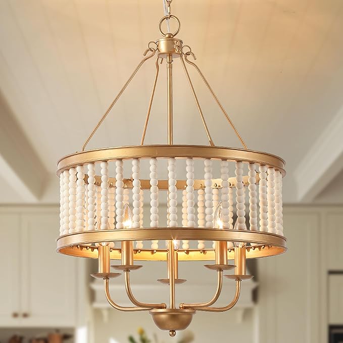 Farmhouse Chandeliers for Entryway Dining Room 5-Light Drum Pendant Chandelier Boho Wood Beaded Vintage Handmade Distressed Chandelier Retro Antique Gold Lighting Fixtures Hanging W19.7