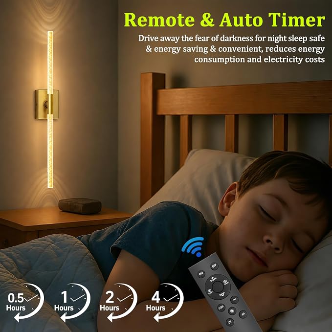Crystal Bubble Gold Wall Sconces Set of 2, 31.5" Lamp Decor | 10000mAh Rechargeable, Wireless Lights with Remote & 360° Rotate, 4 Color Temps Dimmable, for Bedroom Living Room Mirror